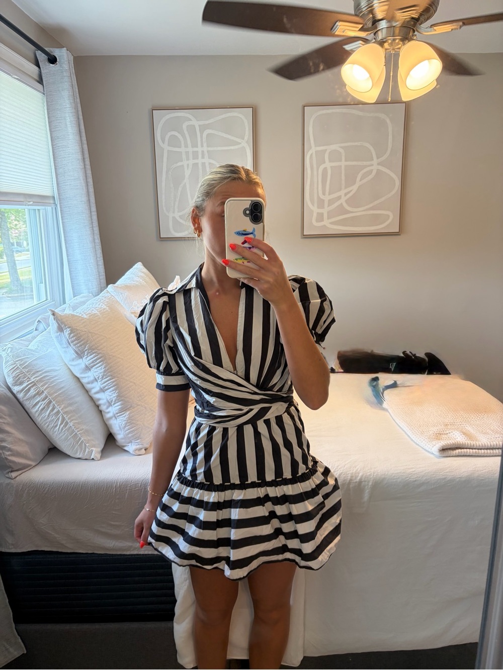 Farm Rio Black & White Striped Wrap Mini Dress